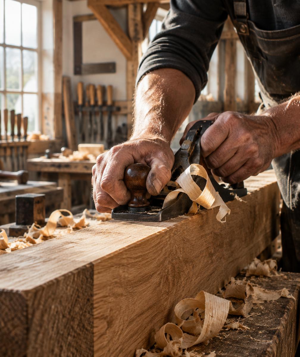 Handwerker hobelt eine Eichenbohle in der Werkstatt